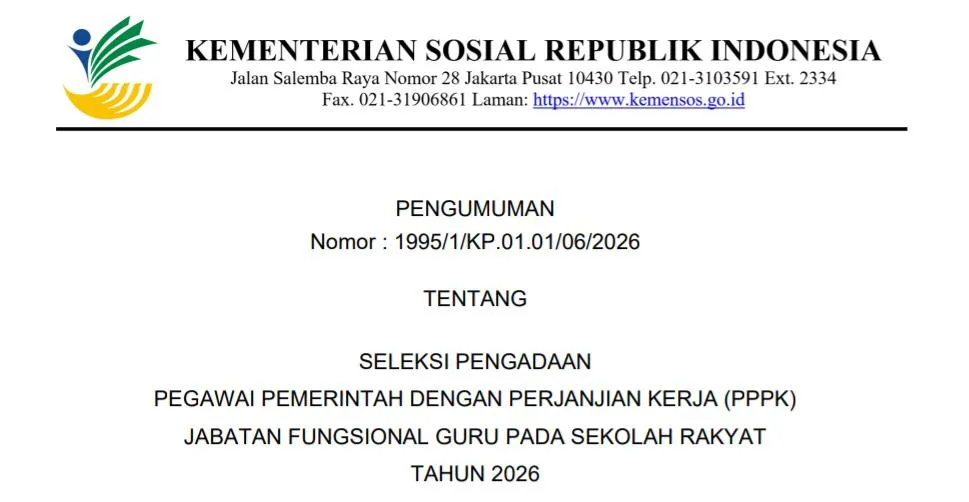 PPPK Guru Sekolah Rakyat resmi dibuka oleh Kementerian Sosial (Kemensos) Republik Indonesia untuk Tahun 2026 dengan menyediakan sebanyak 3.053 posisi Pegawai Pemerintah dengan Perjanjian Kerja (PPPK) Jabatan Fungsional Guru.